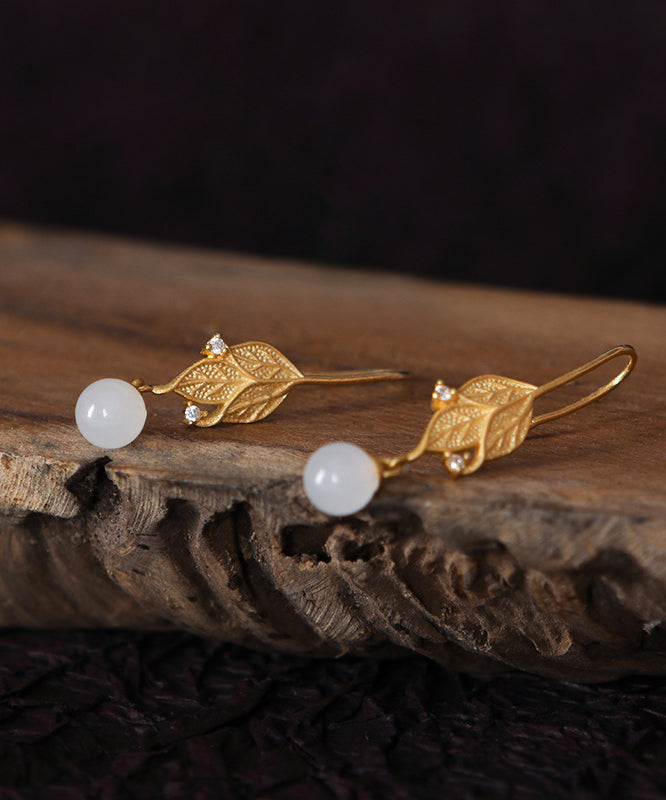 Handmade White Tree Leaves Zircon Jade Drop Earrings
