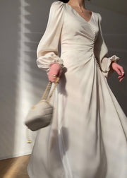 Handmade White V Neck Asymmetrical Design Nail Bead Silk Dress Long Sleeve