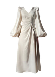 Handmade White V Neck Asymmetrical Design Nail Bead Silk Dress Long Sleeve