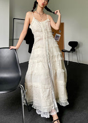 Handmade White V Neck Embroidered Button Lace Maxi Dress Summer