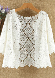 Handmade White V Neck Hollow Out Knit Cardigans Summer