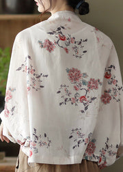Handmade White V Neck Print Button Linen Shirt Batwing Sleeve