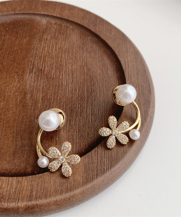 Handmade White Zircon Floral Pearl Hoop Earrings