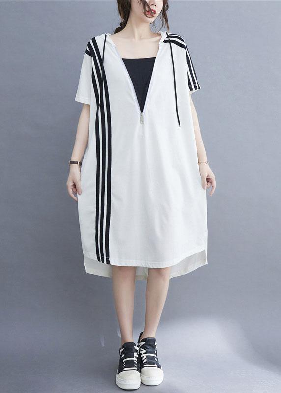 Handmade White hooded zippered Cotton Summer Mid Dress - SooLinen