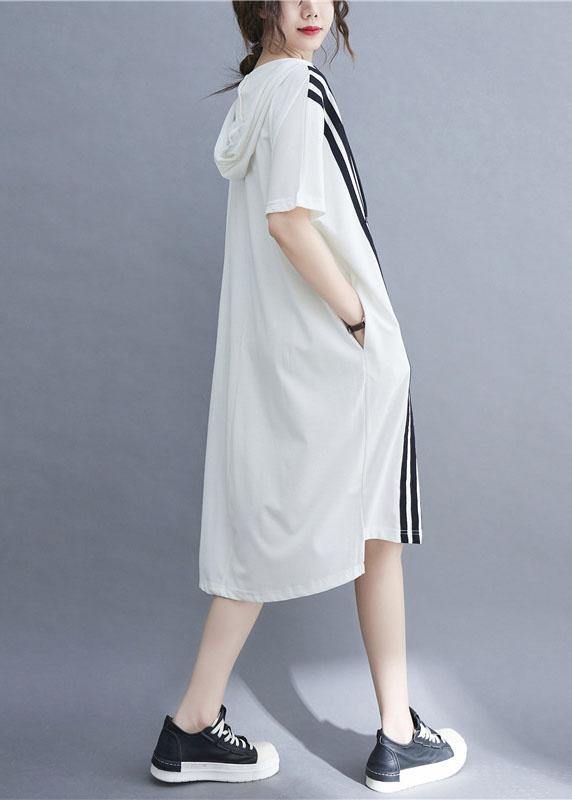 Handmade White hooded zippered Cotton Summer Mid Dress - SooLinen