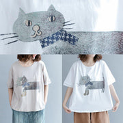 Handmade Women Plus Size Gray Short Sleeve cotton shirts Animal Round Neck Blouse - SooLinen