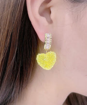 Handmade Yellow Alloy Zircon Love Hoop Earrings