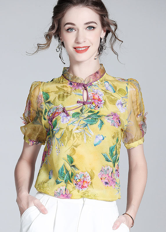 Handmade Yellow Chinese Button Patchwork Print Silk Tops Summer