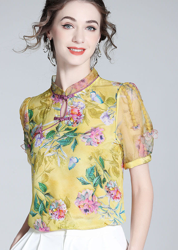 Handmade Yellow Chinese Button Patchwork Print Silk Tops Summer