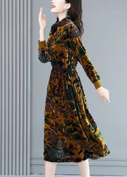 Handmade Yellow Hign Neck Print Velour Long Dresses Fall