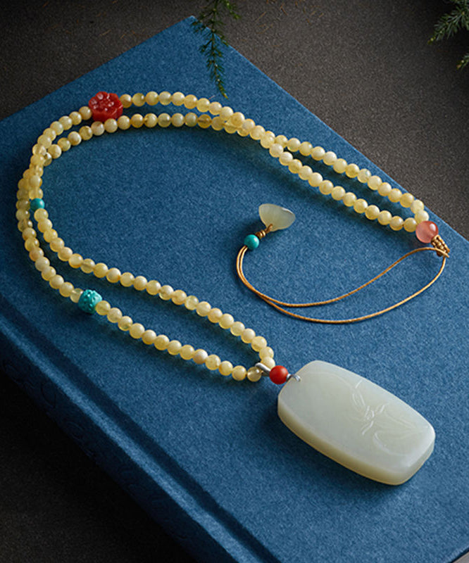 Handmade Yellow Jade Beeswax Beading Tassel Pendant Necklace