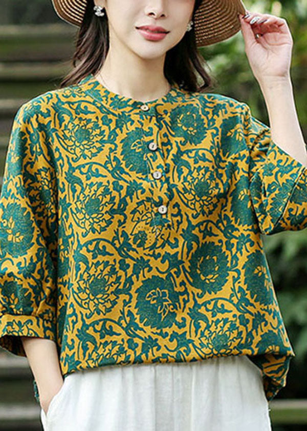 Handmade Yellow O-Neck Green Print Linen Shirt Top Bracelet Sleeve