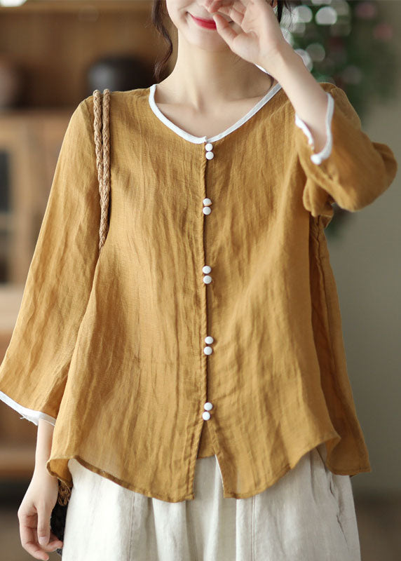 Handmade Yellow O Neck Patchwork Linen Shirt Top Summer