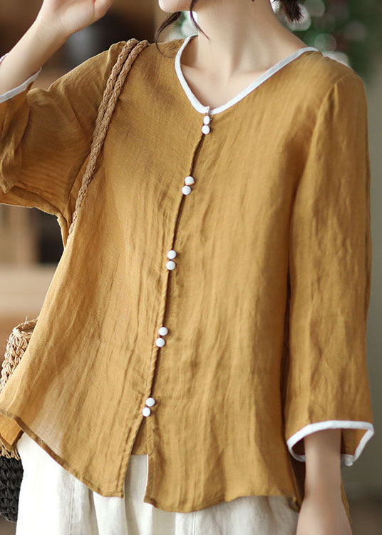 Handmade Yellow O Neck Patchwork Linen Shirt Top Summer