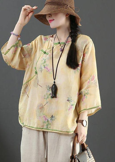 Handmade Yellow Print Linen Summer Shirts - SooLinen