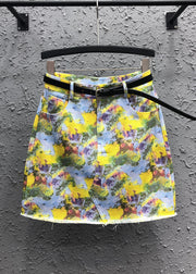 Handmade Yellow Print Pockets Patchwork Denim Skirt Summer