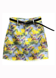 Handmade Yellow Print Pockets Patchwork Denim Skirt Summer