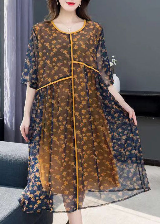 Handmade Yellow Print Wrinkled Patchwork Chiffon Dress Short Sleeve