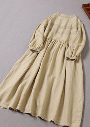 Handmade Yellow Puff Sleeve Patchwork Linen Dresses Spring