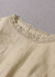 Handmade Yellow Puff Sleeve Patchwork Linen Dresses Spring