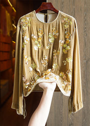 Handmade Yellow Sequins Lace Up Silk Velour Top Long Sleeve