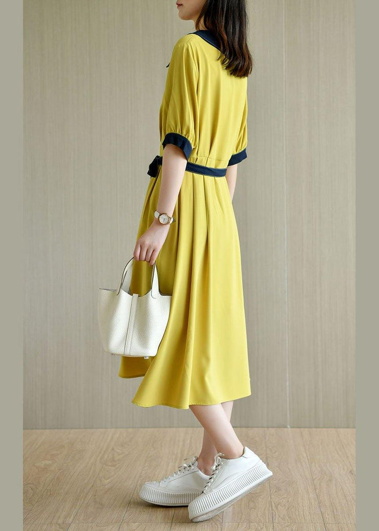 Handmade Yellow Square Collar Button Summer Chiffon Dresses Half Sleeve - SooLinen