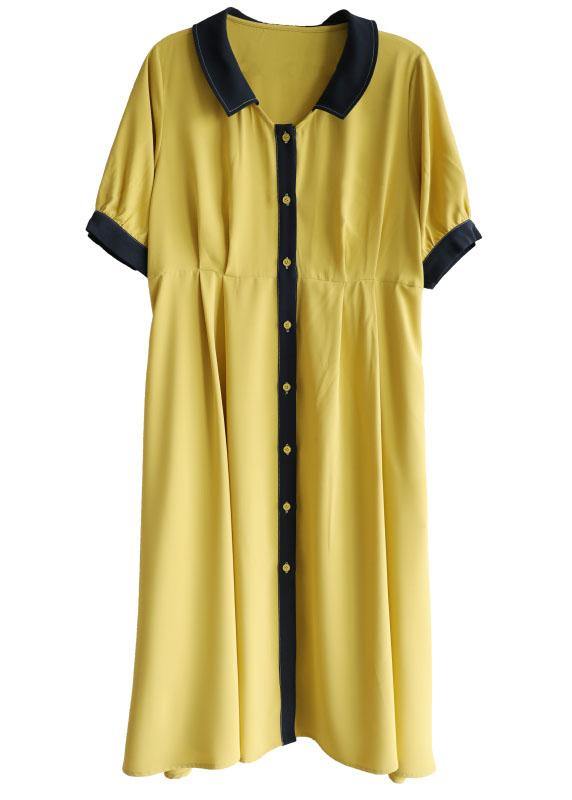Handmade Yellow Square Collar Button Summer Chiffon Dresses Half Sleeve - SooLinen