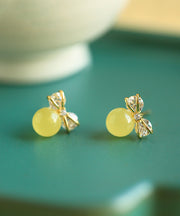Handmade Yellow Sterling Silver Overgild Zircon Beeswax Bow Drop Earrings