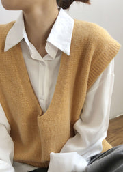 Handmade Yellow U Neck Low High Design Cozy Cotton Knit Waistcoat Sleeve