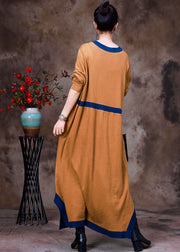 Handmade Yellow V Neck Patchwork Wool Knit Dress Long Sleeve