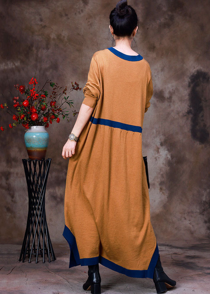 Handmade Yellow V Neck Patchwork Wool Knit Dress Long Sleeve