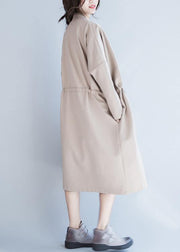 Handmade beige Fashion tunic coats design Notched drawstring fall women coats - SooLinen