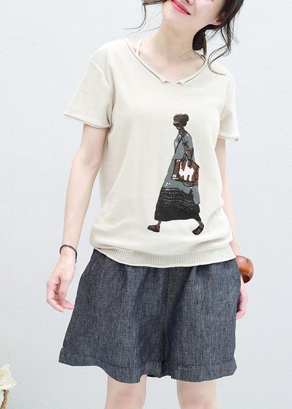 Handmade beige v neck cotton clothes For Women tunic Cartoon print shirt - SooLinen