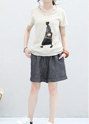 Handmade beige v neck cotton clothes For Women tunic Cartoon print shirt - SooLinen