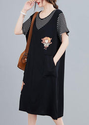 Handmade black Cartoon cotton tunics for women false two pieces Art summer Dresses - SooLinen