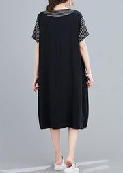 Handmade black Cartoon cotton tunics for women false two pieces Art summer Dresses - SooLinen