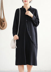 Handmade black Cotton Tunics lapel asymmetric Midi Dress - SooLinen