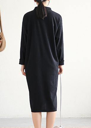 Handmade black Cotton Tunics lapel asymmetric Midi Dress - SooLinen