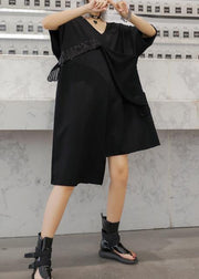 Handmade black Cotton clothes v neck Sequined tunic summer Dress - SooLinen
