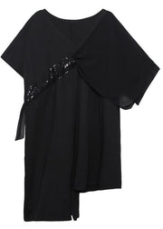 Handmade black Cotton clothes v neck Sequined tunic summer Dress - SooLinen