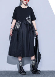 Handmade black Cotton o neck asymmetric Midi summer Dress - SooLinen