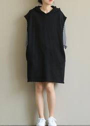 Handmade black Tunics hooded pockets Art fall Dresses - SooLinen