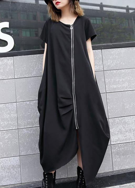 Handmade black asymmetric cotton Long Shirts zippered long summer Dress - SooLinen