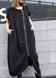 Handmade black asymmetric cotton Long Shirts zippered long summer Dress - SooLinen