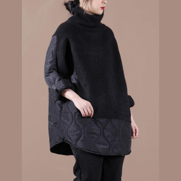 Handmade black clothes For Women high neck patchwork spring blouses - SooLinen