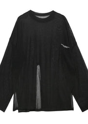Handmade black clothes For Women o neck Sun protection clothing daily summer shirt - SooLinen