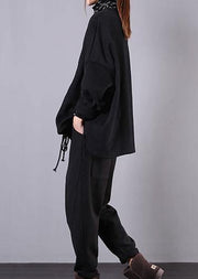 Handmade black cotton Blouse high neck drawstring short shirts - SooLinen