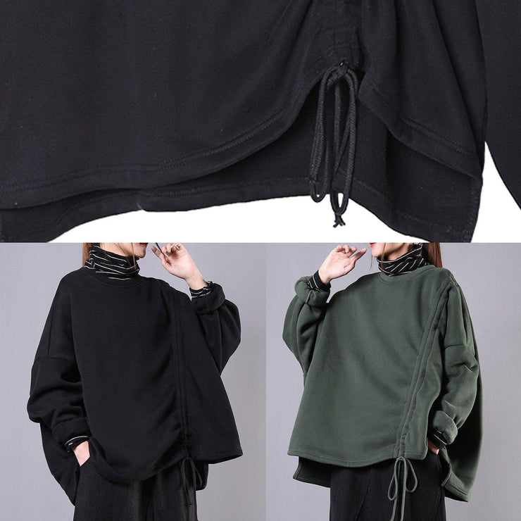 Handmade black cotton Blouse high neck drawstring short shirts - SooLinen