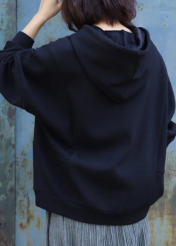 Handmade black cotton Blouse patchwork Art hooded shirts - SooLinen
