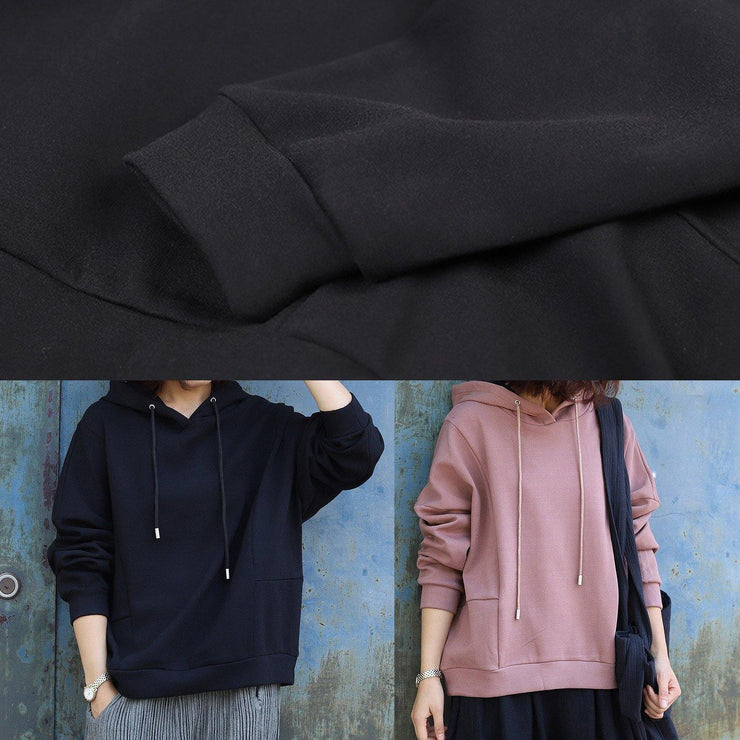 Handmade black cotton Blouse patchwork Art hooded shirts - SooLinen
